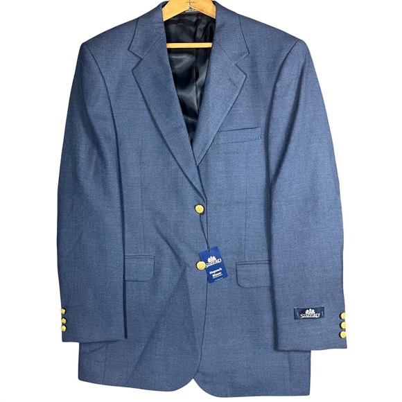 Stafford Hopsack Blazer Mens 38L Blue Gold Crest Button Wool Blend New